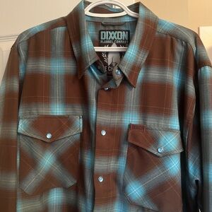 Dixxon Flannel Co. XXL “The Cherokee” Men’s Brown & Teal Plaid Button-Up Shirt